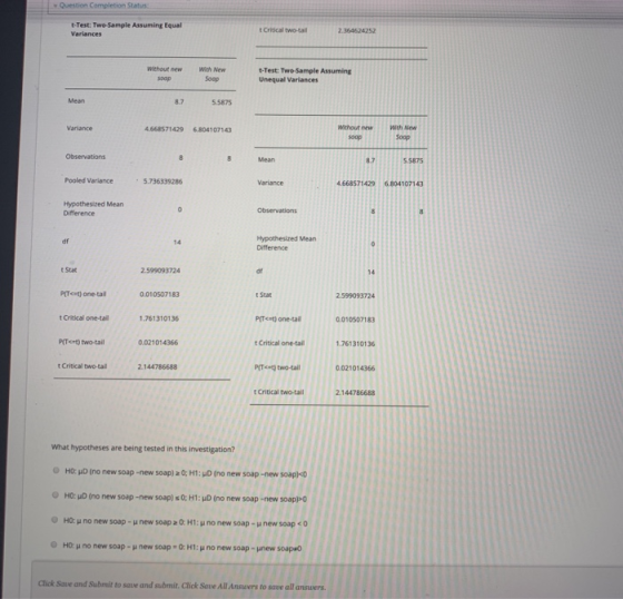 Question Completion Status: t-Test: Two-Sample Assuming Equal Variances Critical two-tail 2.364624252 Without new soop With N