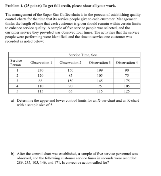 Problem 1. (25 points) To get full credit, please show all your work. The management of the Super Star Coffee chain is in the