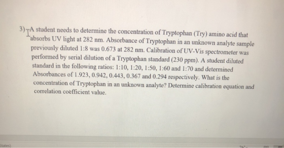 3)TA student needs to determine the concentration of Tryptophan (Try) amino acid that absorbs UV light at 282 nm. Absorbance