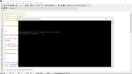CA File Edit Search View Project Execute Tools AStyle WindowHelp PROSisth.cpp-Executing)- Dev-C+5.11 sth.cpp #include< bits/s