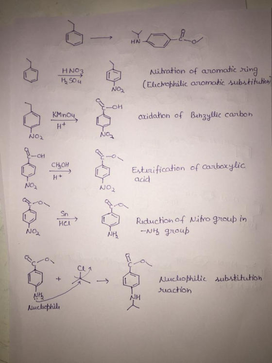 HN Nitration of anomahic ing (Euchophilic anomatic substituhion HNO3 NO2 КMпоч, H+ axidahon of Buhzyllic carb0h No2 NO2 OH Es