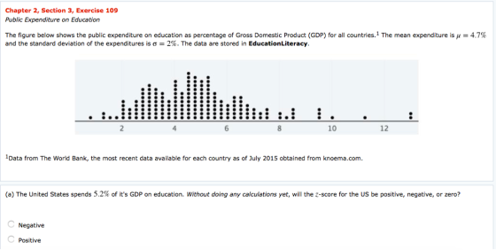 Chapter 2, Section 3, Exercise 109 Public Expenditure on Education The figure below shows the public expenditure on education as percentage of Gross Domestic Product (GDP) for all countries. 1 The mean expenditure is μ and the standard deviation of the expenditures is σ = 2%. The data are stored in EducationLiteracy 4.7% 10 12 1Data from The World Bank, the most recent data available for each country as of July 2015 obtained from knoema.com (a) The United States spends 5.2% of its GDP on education. Without doing any calculations yet, will the z-score for the US be positive, negative, or zero? Negative Positive