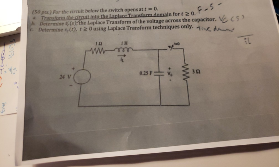 (50 pts.) For the circuit below the switch opens at t = 0. a. Transform the circuit into the Laplace Transform domain fort 20