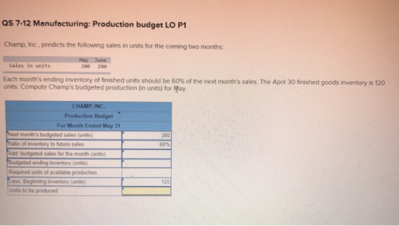 QS 7-12 Manufacturing: Production budget LO P1 Champ, Inc., predicts the following sales in units for the coming two months M