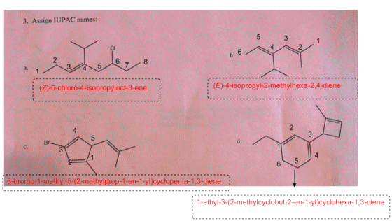 3. Assign IUPAC names: 5 3 Xoler 5 6 7 8 (Z)-6-chloro-4-isopropyloct-3-ene (E)-4-isopropyl-2-methylhexa-2,4-diene 3-bromo-1-m