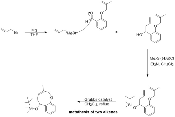 Br Mo Br V THE Agbr- HOY Me2Si(t-Bu)CI Et3N, CH2Cl2 Grubbs catalyst CH2Cl2, reflux Si-o metathesis of two alkenes