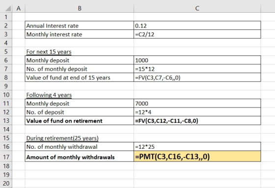 A Annual Interest rate 2 0.12 |=C2/12 Monthly interest rate 3 4 For next 15 years Monthly deposit 1000 No. of monthly deposit