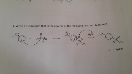 4. Write a mechanism that is the reverse of the following reaction: (2 po P o Ho H₂O: a - Photo Prih O=8=0 сон Ó OH o=8=0 H30