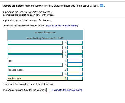 Income statement. From the following income statement accounts in the popup window, a. produce the income statement for the y