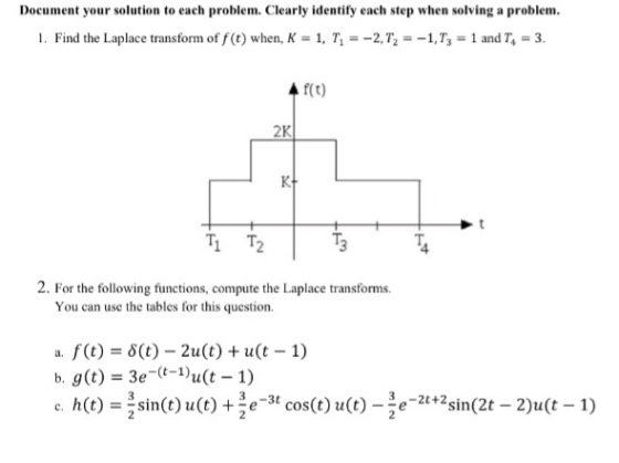 Document your solution to each problem. Clearly identify each step when solving a problem. 1. Find the Laplace transform off(t) when, K = 1. T1 =-27, =-1,73 = 1 and T.-3. 수 f(t) 2K 2. For the following functions, compute the Laplace transforms. You can use the tables for this question. a. f(t) (t) -2u(t) +u(t 1) b. g(t) 3e-C-u(t - 1) c. h (t) = 3 sin(t) u (t)埕e-31 cos(t) u(t)--e-2t+2sin(2t-2)u(t-1)
