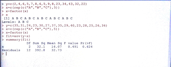 >y-c (2, 4,6,5,7,8,6, 5, 9,8, 23, 34, 43, 32, 22) > x-c (rep (c (A, в, C) , 5) ) >x-factor (x) > X [1] A B CABCA BCABCA B C Levels: A B C yc (35, 31,24,23,30,27,37,35, 29,40,23,28,25,26,36) xc (rep (c (A, B, C), 5)) > x-factor (x) fit-aov (y~x) summary(fit) Df Sum Sq Mean Sq F value Pr (>F) 2 32.1 16.070.491 0.624 Residuals 12 392.8 32.73