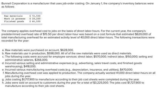 Bunnell Corporation is a manufacturer that uses job-order costing. On January 1, the companys inventory balances were as fol