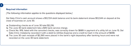 Required information [The following information applies to the questions displayed below.] Del Gato Clinics cash account sho