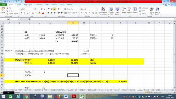 OPTIMAL RISKY PORTFOLIO VC AMORT SINKING JORDAN - Microsoft Excel (Product Activation Failed) File Home Insert Page Layout Fo