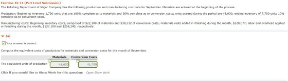 Exercise 16-11 (Part Level Submission) The Polishing Department of Major Company has the following production and manufacturi