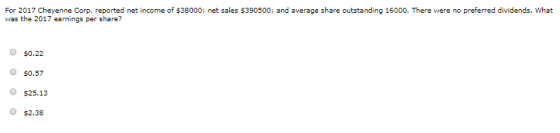 was the 2017 earnings per share? 0 $0.22 $0.57 O $25.13 $2.38