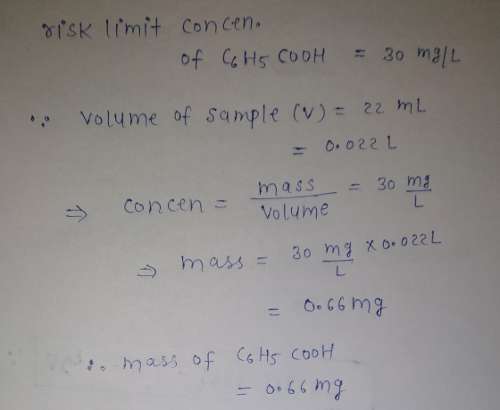 gisk limit concen. of C6H5COOH = 30 mg/l I volume of sample (~) = 22 mL = 0.022L mass = 30 mg y concen volume mass = 30 mg x