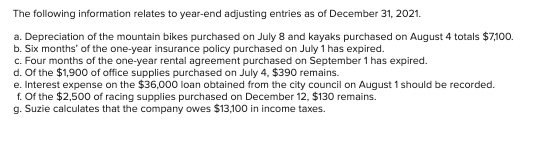 The following information relates to year-end adjusting entries as of December 31, 2021. a. Depreciation of the mountain bike