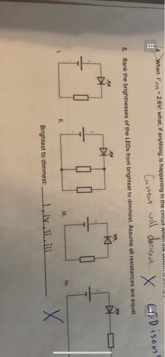 n Vpsi 2.6V: what, if anything, is happening in the circunt whem So n 5. Rank the brightnesses of the LEDs from brightest to dimmest. Assume all resistances are equal. Brightest to dimmest:Niti