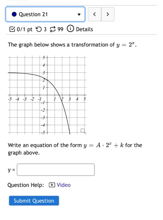 Question 21 < 011 pt 3399 Details The graph below shows a transformation of y = 24. 5 3 2 1 - 5 4 -3 -2 -1 1 -2 يا -4 -5 Writ