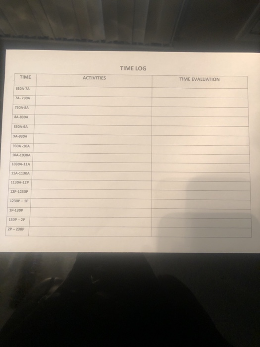 TIME LOG TIME ACTIVITIES TIME EVALUATION 5300-7A 7A-730A 730A-SA - 30А ЗА 9A-20A 10A-1030 11A-1130A 1130A-12P 121-1230 1230P-
