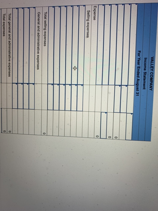 VALLEY COMPANY Income Statement For Year Ended August 31 Expense Selling expenses Total selling expenses General and administ