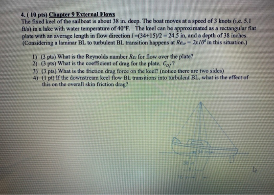 4. ( 10 pts) Chapter 9 External Flows The fixed keel of the sailboat is about 38 in. deep. The boat moves at a speed of 3 kno