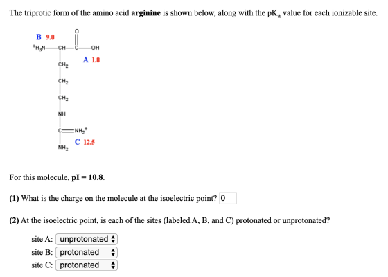 The triprotic form of the amino acid arginine is shown below, along with the pK, value for each ionizable site. B 9.0 +H3N— _