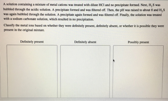 A solution containing a mixture of metal cations was treated with dilute HCl and no precipitate formed. Next, H, S was bubble