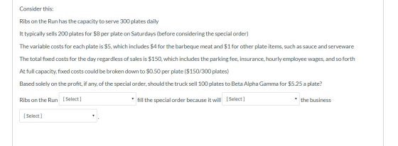 Consider this: Ribs on the Run has the capacity to serve 300 plates daily It typically sells 200 plates for $8 per plate on S