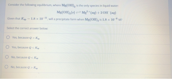 Consider the following equilibrium, where Mg(OH), is the only species in liquid water: Mg(OH),(s) – Mg? + (aq) + 2OH(aq) Give