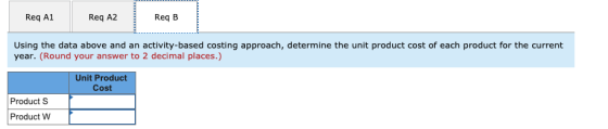 Req A1 Req A2 Req B Using the data above and an activity-based costing approach, determine the unit product cost of each prod