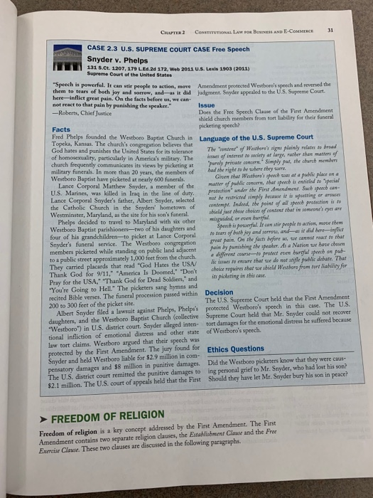 CHAPTER 2 CONSTITUTIONAL LAW Fox Box AND E-COMMERCE 31 CASE 2.3 U.S. SUPREME COURT CASE Free Speech Snyder v. Phelps 131 S.Ct