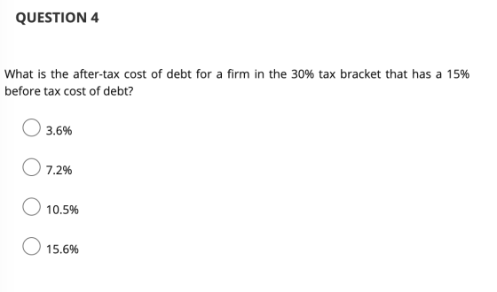 QUESTION 4 What is the after-tax cost of debt for a firm in the 30% tax bracket that has a 15% before tax cost of debt? 3.6%
