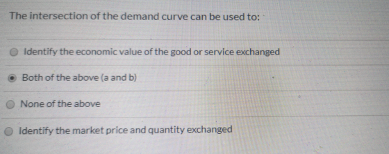 The intersection of the demand curve can be used to: Identify the economic value of the good or service exchanged Both of the