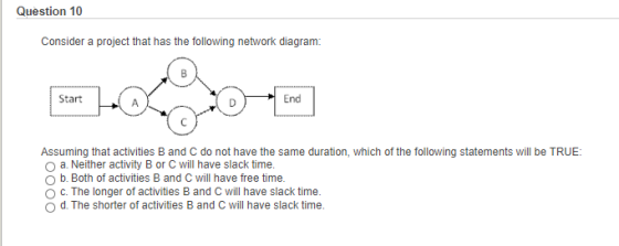 Question 10 Consider a project that has the following network diagram: Start End Assuming that activities B and C do not have
