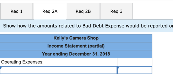 Req 1 Req 2A Req 2B Req3 Show how the amounts related to Bad Debt Expense would be reported or Kellys Camera Shop Income Sta