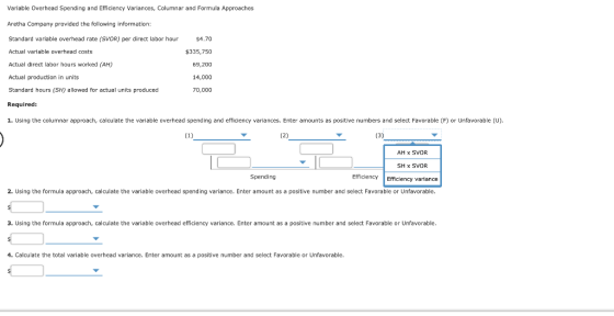 Variable Overhead Spending and Efficiency Variances, Columnar and Formula Approaches Aretha Company provided the following in