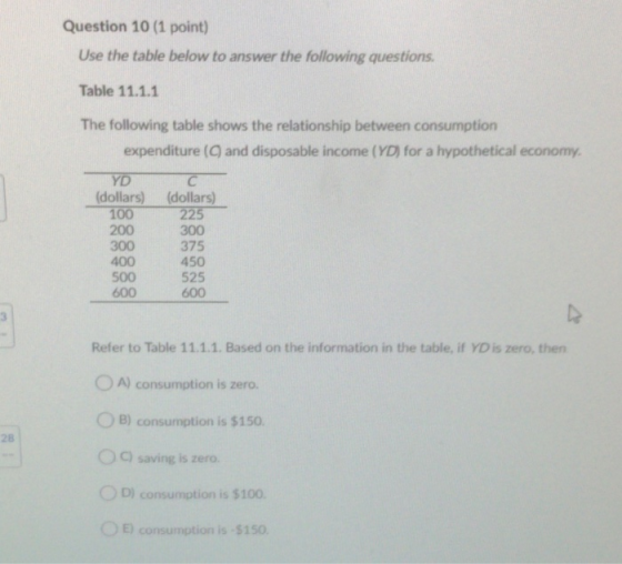 Question 10 (1 point) Use the table below to answer the following questions. Table 11.1.1 The following table shows the relat