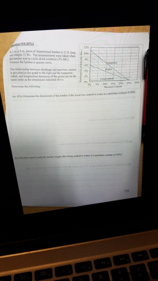 12% A21n.x Sn. piece of dimensional lumber is 12ft. long and weighs 32 lbs. The measurements were taken when the lumber was a kiln-dried condition (5% MC) Assume the lumber is quarter-sawn. 10% The relationship between shrinkage and moisture content is provided in the graph to the right and the tangentin! radial, and longitudinal directions of the grains are on the same order as the dimensions indicated above. 4% 2% 0% 30% 10% 15% 20% Moisure Contert 25% 0% 5% Determine the following: (a) (6%) Determine the dimensions of the lumber it the wood was soaked n waterto a mois nementersn (b) (4%) How much would the lun herve gh after being soaked in wa-to a moistire content of ten 7/12