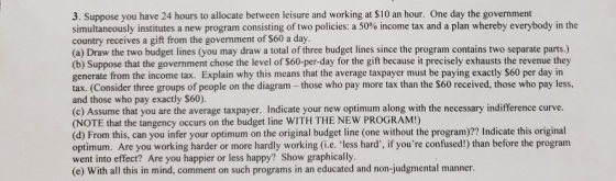 3. Suppose you have 24 hours to allocate between leisure and working at $10 an hour. One day the government simultaneously in