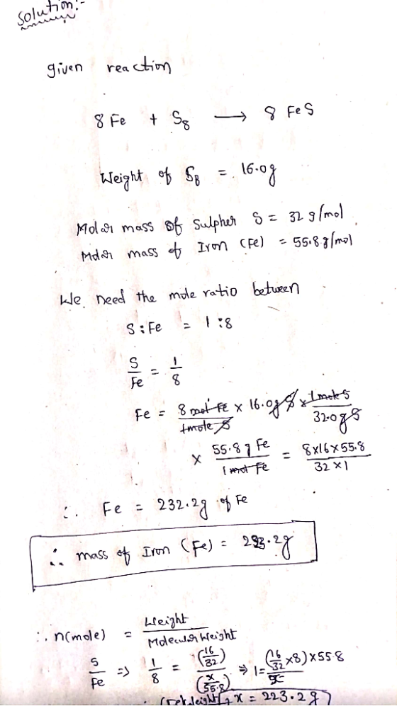 ven rea C 16- Fe S 55.8 Fe . , n(mole) - MolecJ.nheijht ジー-(32/ fe 5