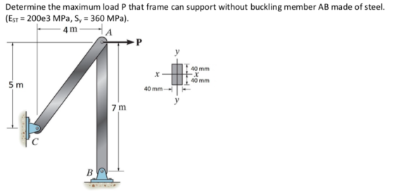 Determine the maximum load P that frame can support without buckling member AB made of steel. (Est = 2003 MPa, Sy = 360 MPa).