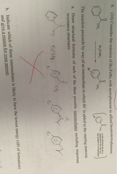 Consider the reaction of Br_2/FeBr_3 with acetophe