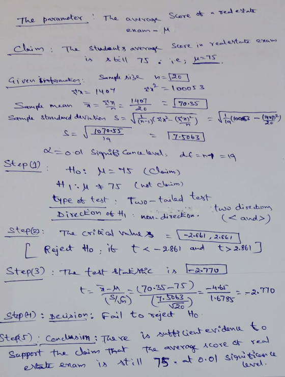 real estate The parameter ! Score at The average enam - M Quam Score in real estate claim: The student & average & till 75 ie