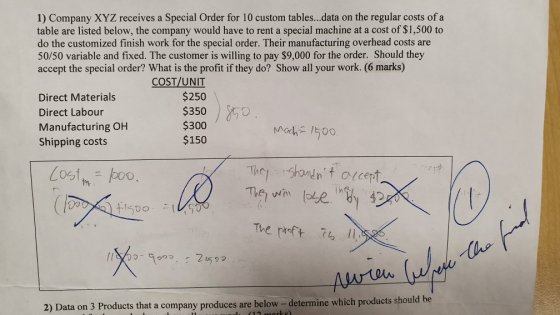 1) Company XYZ receives a Special Order for 10 custom tables...data on the regular costs of a table are listed below, the com