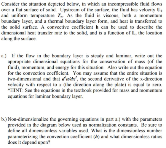 Consider the situation depicted below, in which an incompressible fluid flows over a flat surface of solid. Upstream of the surface, the fluid has velocity U and uniform temperature To. As the fluid is viscous, both a momentum boundary layer, and a thermal boundary layer form, and heat is transferred to the solid surface. A convective coefficient h can be used to describe the dimensional heat transfer rate to the solid, and is a function of L, the location along the surface. a.) If the flow in the boundary layer is steady and laminar, write out the appropriate dimensional equations for the conservation of mass (of the fluid), momentum, and energy for this situation. Also write out the equation for the convection coefficient. You may assume that the entire situation is two-dimensional and that du/dr, the second derivative of the x-direction velocity with respect to x (the direction along the plate) is equal to zero. *HINT: See the equations in the textbook provided for mass and momentum equations for laminar boundary layer b.) Non-dimensionalize the governing equations in part a.) with the parameters provided in the diagram below used as normalization constants. Be sure to define all dimensionless variables used. What is the dimensionless number parameterizing the convection coefficient (h) and what dimensionless ratios does it depend upon?