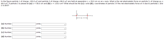 In the figure particle 1 of charge-192.0 μC and particle 2 of charge +96.0 μC are held at separation L = 29.0 cm on an x axis, what is the net electrostatic force on particle 3, of charge q3 = 48.0 μ C if part cle 3 s placed at 2 is zero? d) y coordinates of a x-58.0 cm and b) x 116 cm? What should be the c) x and a ticle 3 the net el rostat o ce on it due to particles and (a) Number (b) Number (c) Number (d) Number Units Units Units Urnits
