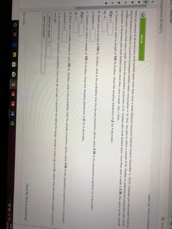 Assignment [ECN221] a sea eBook CIIECK My Work (2 reman Thirty-six percent of all Americans drink bottled water more than onc