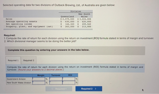 Selected operating data for two divisions of Outback Brewing, Ltd., of Australia are given below: Sales Average operating ass
